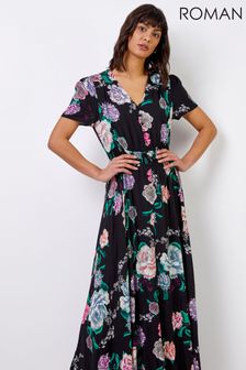 Roman Black Floral Print Shirred Waist Maxi Dress (K00680) | ₪ 210
