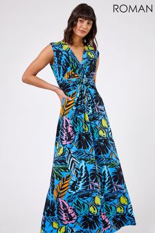 Roman Blue Palm Print Twist Waist Maxi Dress (K00681) | ₪ 196