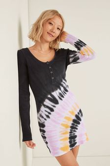 Victoria's Secret PINK Pure Black Tie Dye Thermal Long Sleeve Henley Dress (K00775) | €57