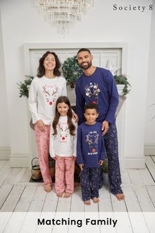 Fehér & Rózsaszín "Ó szarvas" - Society 8 női passzoló családi karácsonyi pizsama szett (K00814) | 10 150 Ft