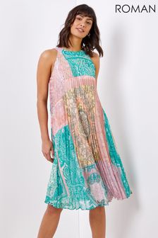 Swingowa plisowana sukienka Roman z wysokim dekoltem i nadrukiem tureckim (K00844) | 365 zł