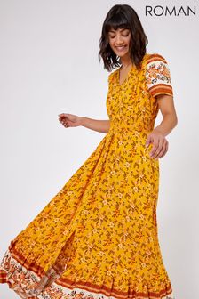 Roman Yellow Floral Print Shirred Waist Maxi Dress (K00846) | ₪ 210