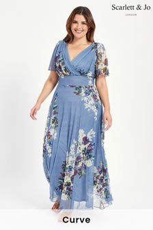 כחול כהה - שמלת מקסי עם שרוולים מתנפנפים של Scarlett & Jo דגם Isabelle עם הדפס (K01018) | ‏396 ₪