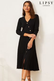 Lipsy Black Regular Long Sleeve Knitted Wrap Button Pleated Dress (K01232) | $88