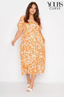 Yours Curve Orange Ruched Sleeve Daisy Tea Dress (K01606) | INR 4,607