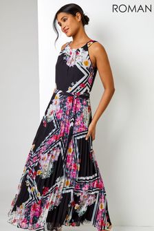Roman Black Multi Floral Border Print Pleated Maxi Dress (K01739) | CA$149