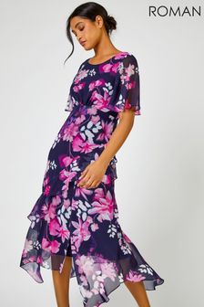 Roman Navy & Pink Floral Print Frill Detail Midi Dress (K01742) | €62