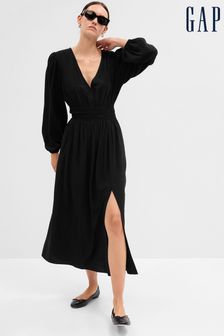 Gap Black Smocked V-Neck Long Sleeve Maxi Dress (K01907) | €34