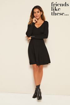 Friends Like These Black Long Sleeve Knitted V Neck Fit and Flare Dress (K02091) | ₪ 231