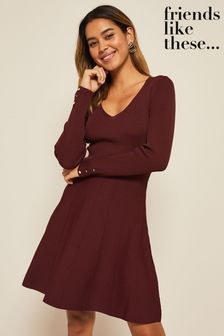 Friends Like These Dark Cherry Long Sleeve Knitted V Neck Fit and Flare Dress (K02093) | 70 €