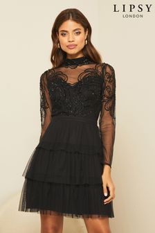 Lipsy Black Embellished Long Sleeve Skater Dress (K02755) | DKK666