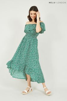 Mela Green Ditsy Print Dipped Hem Bardot Dress (K04067) | €22.50