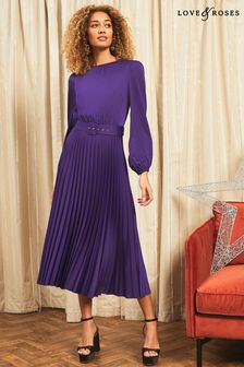Love & Roses Purple Satin Belted Pleated Midi Dress (K04081) | €74