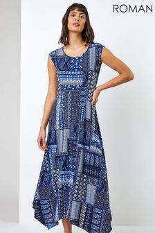 Roman Blue Patchwork Print Hanky Hem Dress (K04670) | €46
