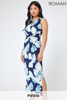 Roman Blue Petite Tropical Print Maxi Dress (K04688) | $74