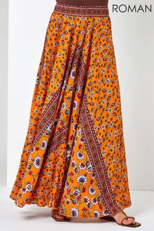 Roman Orange Boho Floral Print Maxi Skirt (K04762) | €40