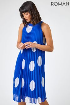 Roman Blue High Neck Spot Pleated Swing Dress (K04770) | $107