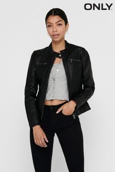 ONLY Black Petite Collarless Faux Leather Biker Jacket (K06053) | €30
