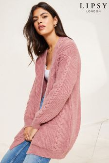 Lipsy Pink Knitted Cable Pocket Longline Edge to Edge Cardigan (K06130) | DKK322