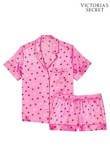 Victoria's Secret Bright Hibiscus Pink Hearts Satin Short Pyjamas (K06142) | €76
