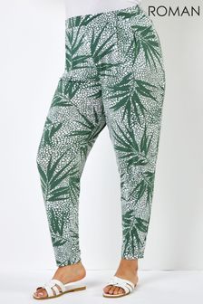 Roman Khaki Green Curve Leaf Print Jersey Tapered Trouser (K07236) | ₪ 140