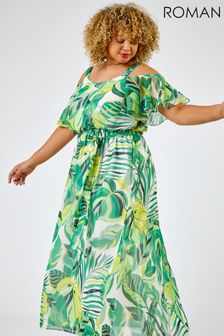 Roman Green Curve Tropical Leaf Print Cold Shoulder Maxi Dress (K07242) | 74 €