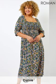 Roman Black Curve Ditsy Floral Shirred Maxi Dress (K07249) | ₪ 186