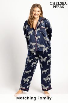 Chelsea Peers Navy Zebra Curve Curve Satin Button Up Pyjama Set (K07250) | 65 €