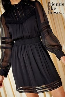 Friends Like These Black Lace Trim Long Sleeve Chiffon Mini Dress (K07535) | ₪ 231