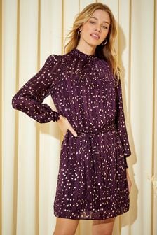 Violett - Friends Like These Hoch geschlossenes, langärmeliges Mini-Kleid mit Gürtel (K07567) | 32 €