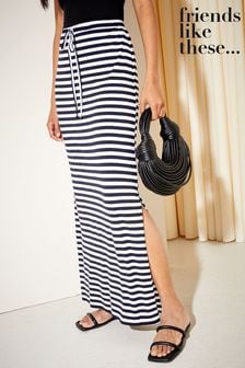 Friends Like These Blue White Stripe Tie Detail Jersey Summer Maxi Skirt (K07587) | $69