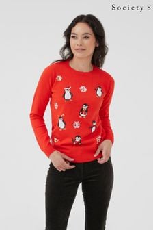 Červená s tučňákem - Vánoční svetr Society 8 - Dámské (K07944) | 990 Kč