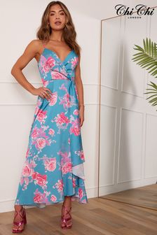 Chi Chi London Blue & Pink Cami Floral Wrap Midi Dip Hem Dress (K07962) | 267 zł