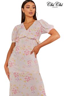 Chi Chi London Pink & White Chi Chi London Short Sleeve Floral Printed Midi Summer Dress (K07982) | 87 €