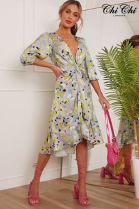 Chi Chi London Silver & Yellow Twist Front Abstract Midi Summer Dress (K08009) | $112