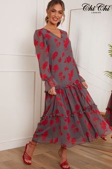 Chi Chi London Brown & Red Chi Chi London Long Sleeve Floral Printed Midi Summer Dress (K08011) | 98 €