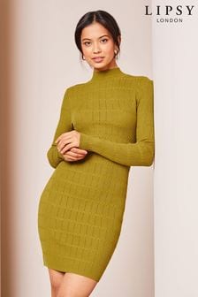 Lipsy Olive Green Textured High Neck Long Sleeve Knitted Dress (K08112) | $100