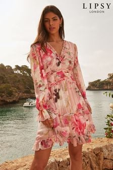 Lipsy Pink Floral Frill Detail Tea Dress (K08264) | €66