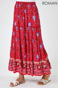 Roman Red Boho Floral Print Tiered Maxi Skirt (K08471) | 47 €
