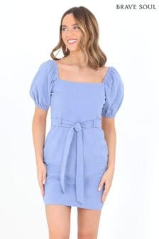 Brave Soul Blue Puff Sleeve Short Belted Milkmaid Dress (K08504) | €18