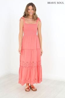 Brave Soul Pink Strappy Shirred Broderie Anglaise Maxi Dress (K08505) | ₪ 163