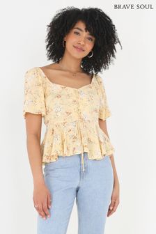 Brave Soul Yellow Floaty Floral Print Broderie Anglaise Top (K08511) | €12.50