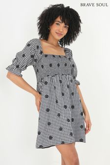 Brave Soul Black Gingham Check Broderie Anglaise Puff Sleeve Dress (K08522) | €13.50