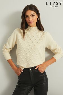 Lipsy Ivory Pearl Cable Knit Turtle Neck Jumper (K08590) | €50