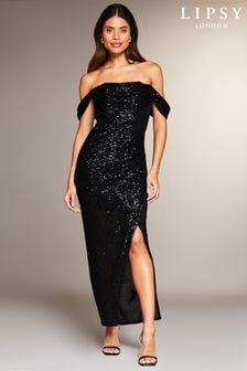 Lipsy Black Petite Sequin Bardot Split Drape Maxi Dress (K08609) | $188