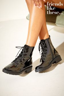 Friends Like These Black Patent Lace up Biker Ankle Boot (K08615) | €27