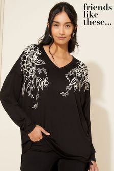 Friends Like These Black Floral Short Sleeve V Neck Tunic Top (K08636) | EGP950