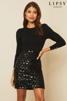 Lipsy Black Petite Sequin 2 in 1 Knitted Dress (K08673) | €37