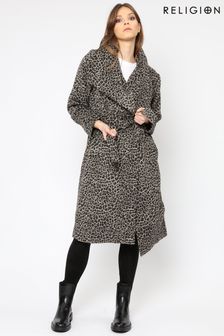 Religion Леопардовый рисунок пальто из ткани с добавлением шерсти и большим воротником и поясом (K08720) | €81