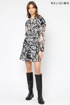 Religion Black & White Abstract Print Faux Wrap Dress (K08733) | €46